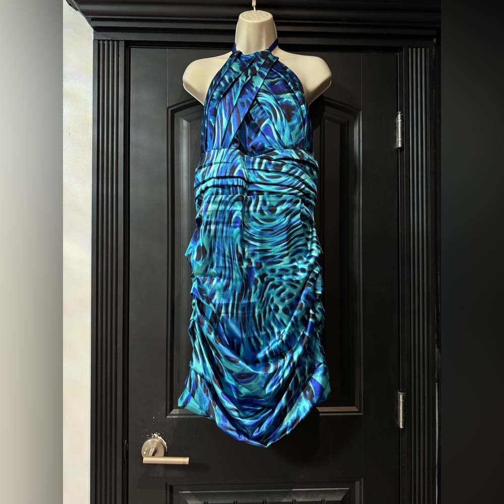 Le Chateau Ruched Satin Animal Print Dress
